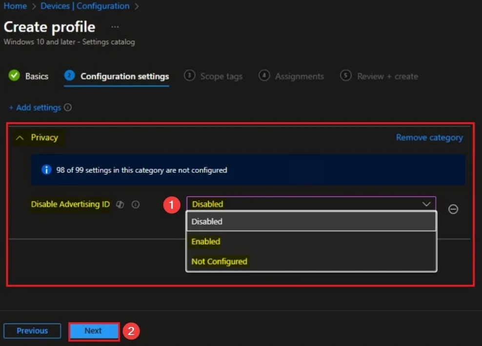 Disable Advertising Id set to Enabled to turn off the advertising ID